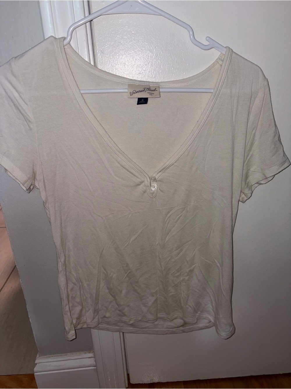 Universal Thread Cream V-Neck Short Sleeve Tee with Button